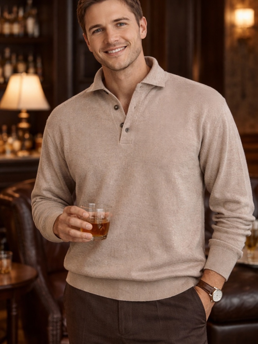 Ottimo Men's Beige Cashmere Polo Sweater - Classic Collared Pullover